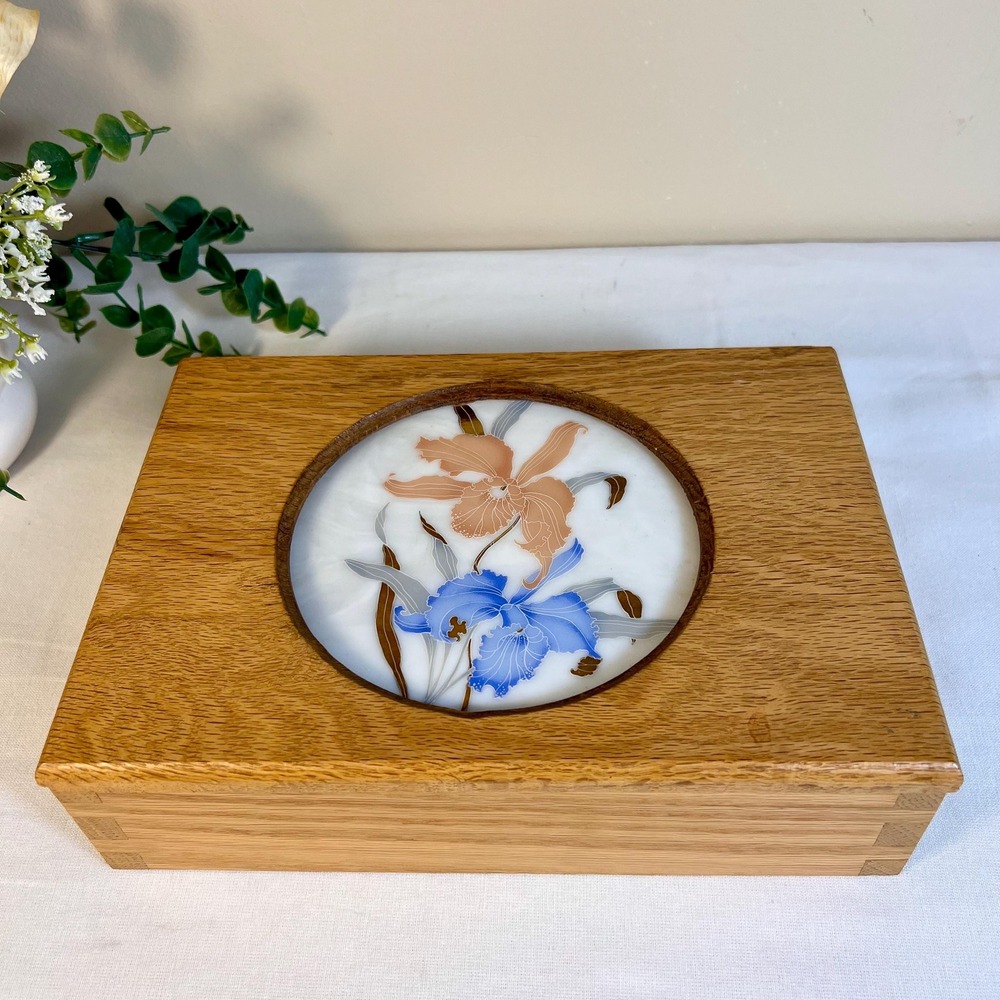 Hand-Crafted Decorative Floral Tile Wooden Trinket Storage Box